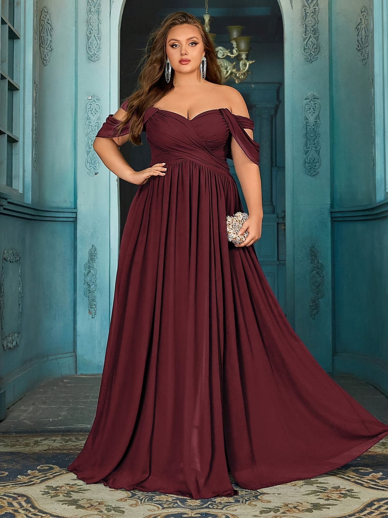 burgundy off the shoulder midi dress TA3 Corsety Off Shoulder Long Sleeve Midi Dress - Garnet - S