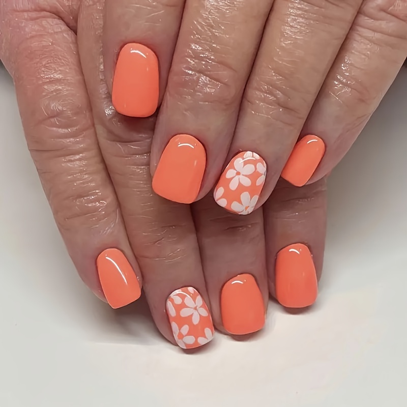 TEMU Look With 24 Short Square Press-on Nails, European And American Ins , Orange Small White Flower Fake Nails, Mixed Color Removable Nails With Jelly Glue, 1 Nail File, 1