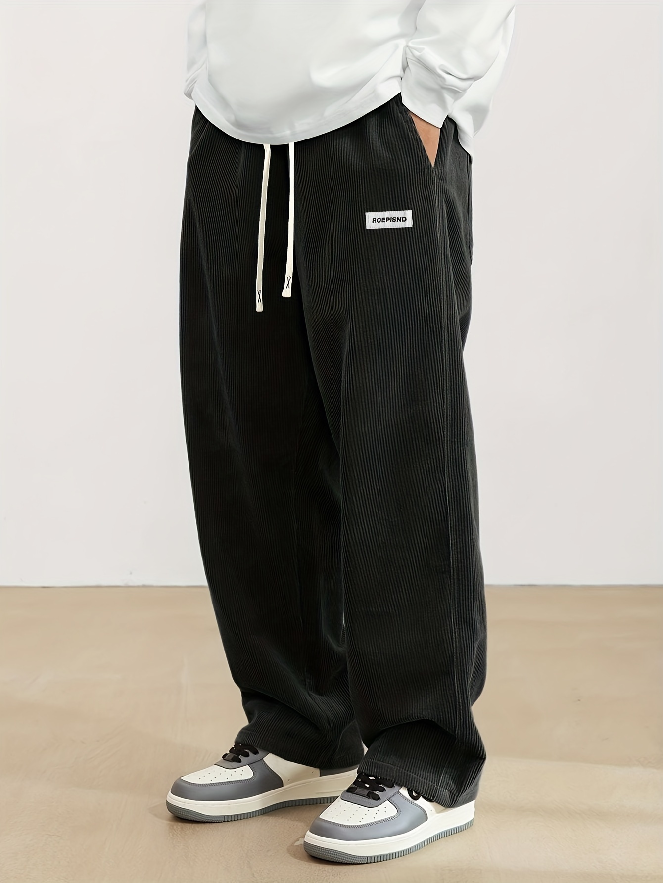 men's corduroy striped track pants pockets casual drawstring