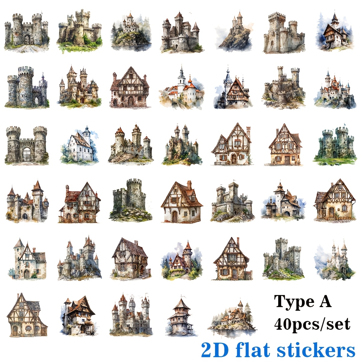 Image of 40pcs/set Handmade Creative Retro European Medieval Architecture Building Castle Series 2d Flat Stickers, Suitable For Trash Journals, Notebooks, Scrapbooks, Cutting Albums Stickers