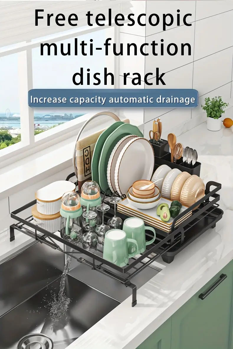 2 in 1 expandable rust resistant metal dish drying rack with pan slots utensil holder and for space saving kitchen counter and sink organization Product details 0
