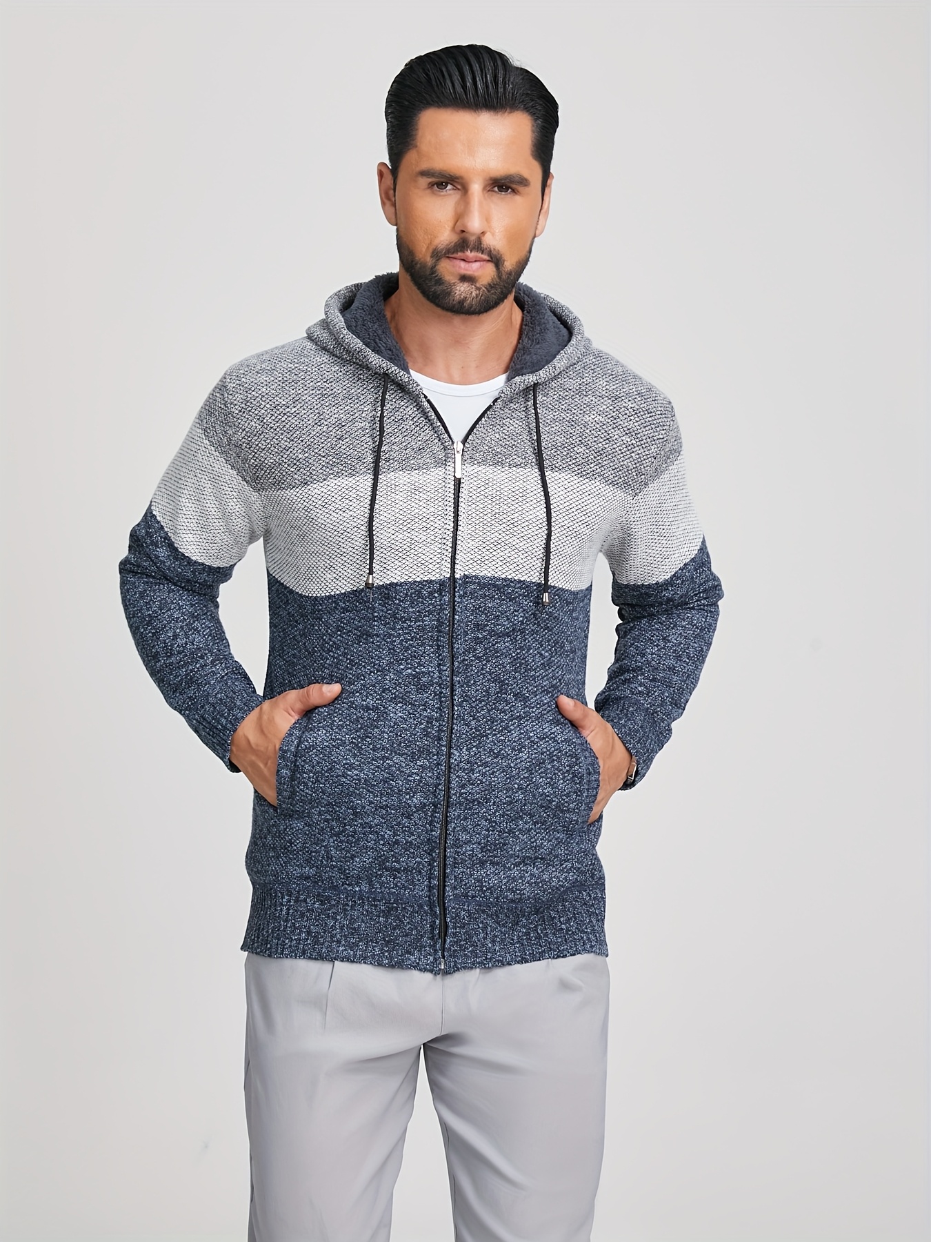 Warm Zip Up Hooded Fleece Jacket Sweater, Men's Casual Slightly Stretch Color Block Cardigan For Fall Winter