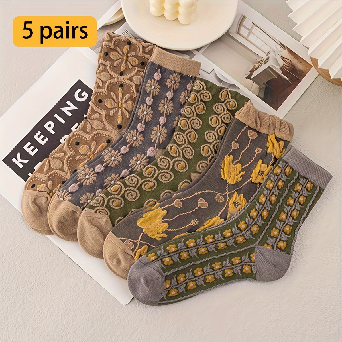 TEMU 5 Pairs Of Random Retro Flower Women's Thin Mid-calf Socks, Comfortable, Stylish, Breathable, Skin-friendly Fabric, Daily Casual And