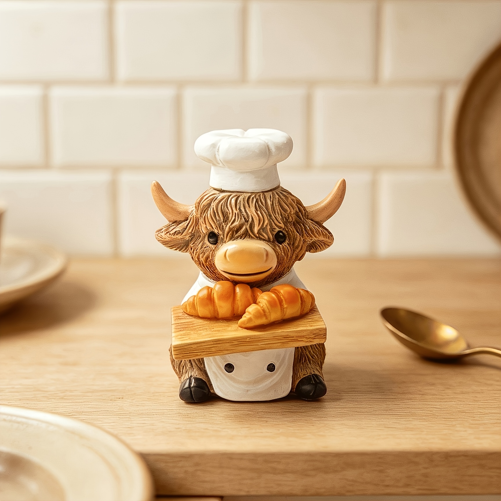 TEMU 1pc Collectible Figurines Hand-painted Cute Long-haired Highland Cow Chef Ornament Uniform Home Decor Craft Suitable For Kitchen Countertop