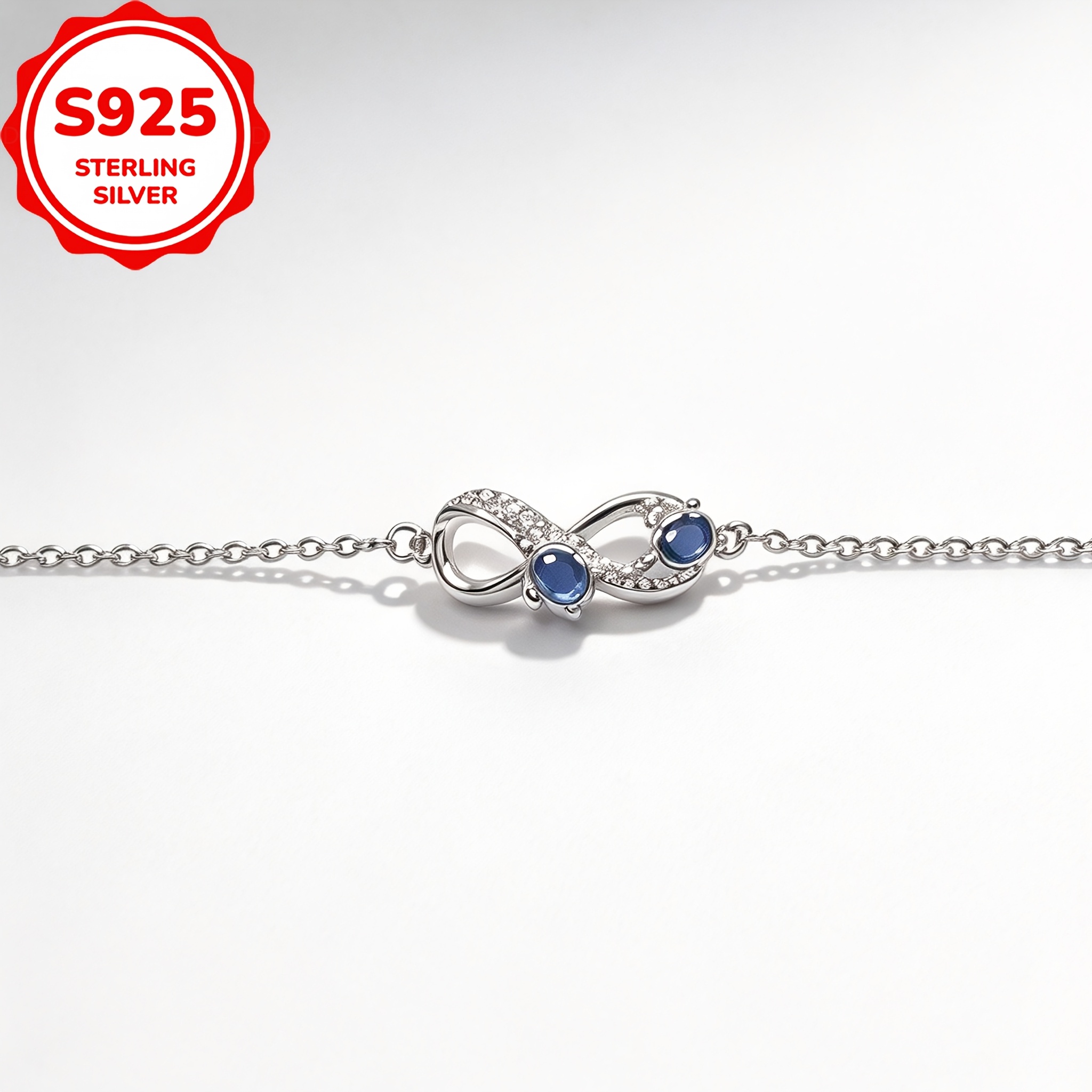 S925 Silver Infinity Symbol Blue Zirconia Bracelet, Adjustable