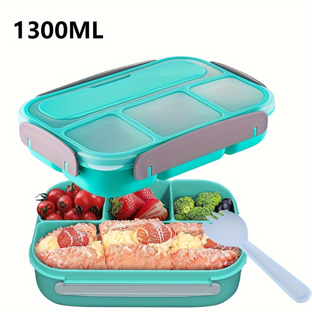 

1300 Ml Bento Lunch Box With 4 Compartments And Spoon Leakproof Food Storage Box For School Work And Travel Green