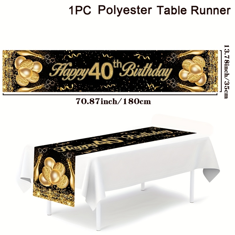E-shop ., "Happy 40th Birthday" Tischläufer, 180*35 cm, Schwarzes goldenes Ballon-Design Polyester Tischflagge, Geburtstagsparty-Tischdeko für