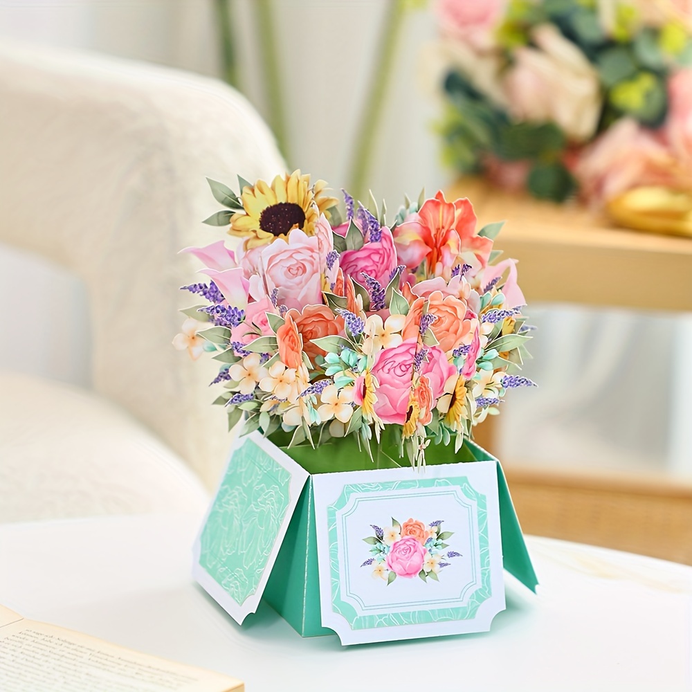 

1pc Elegant 3d -up Greeting Card With Note Card & Envelope - Vibrant Paper Flower Bouquet Design For Birthdays, Day, Father's Day, Thank You - Multilingual