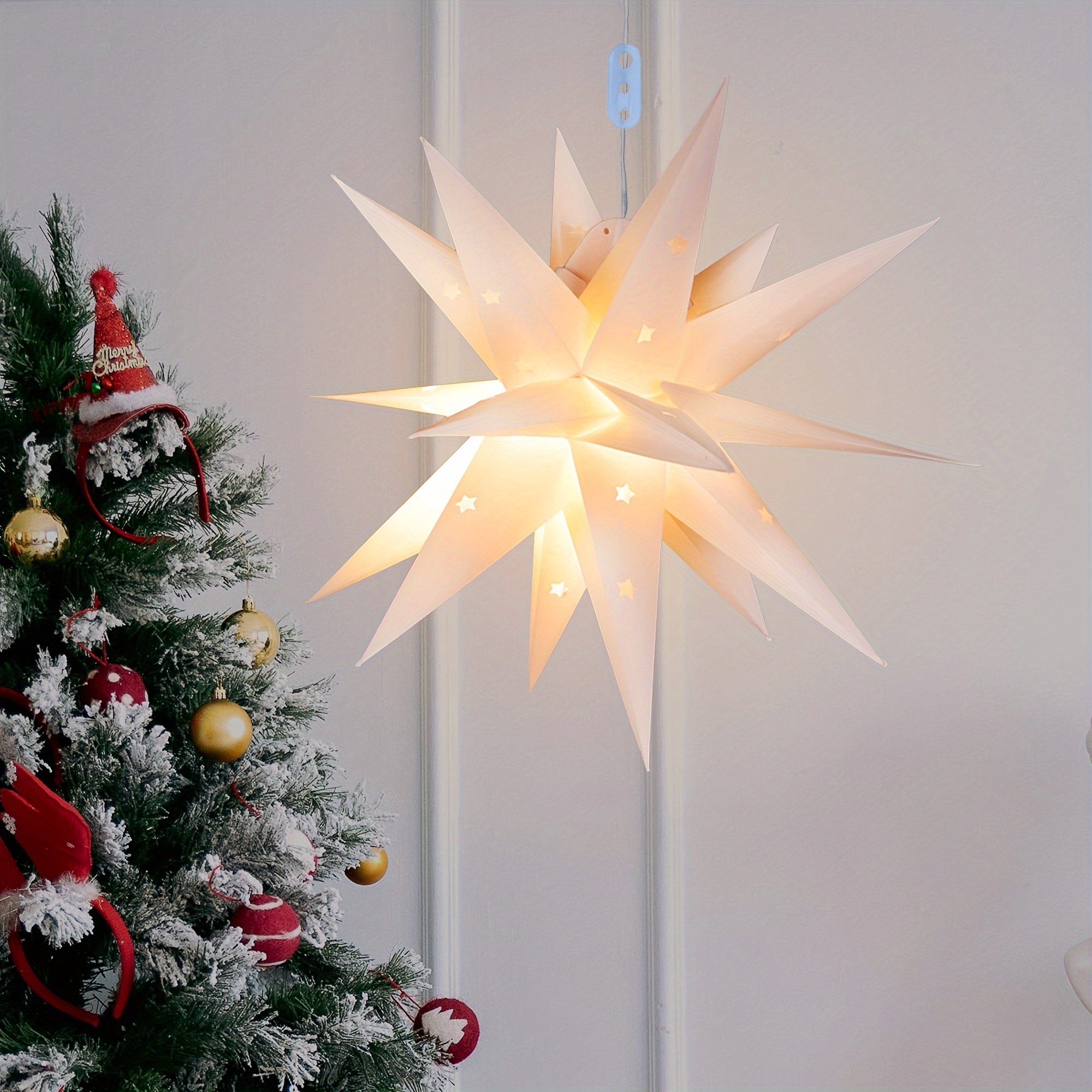 

17.7" Star Usb Light Christmas Tree Topper 18 Point Christmas Star Hanging Pvc Paper Lantern Lamp With 3d Bright Warm White Holiday Decoration