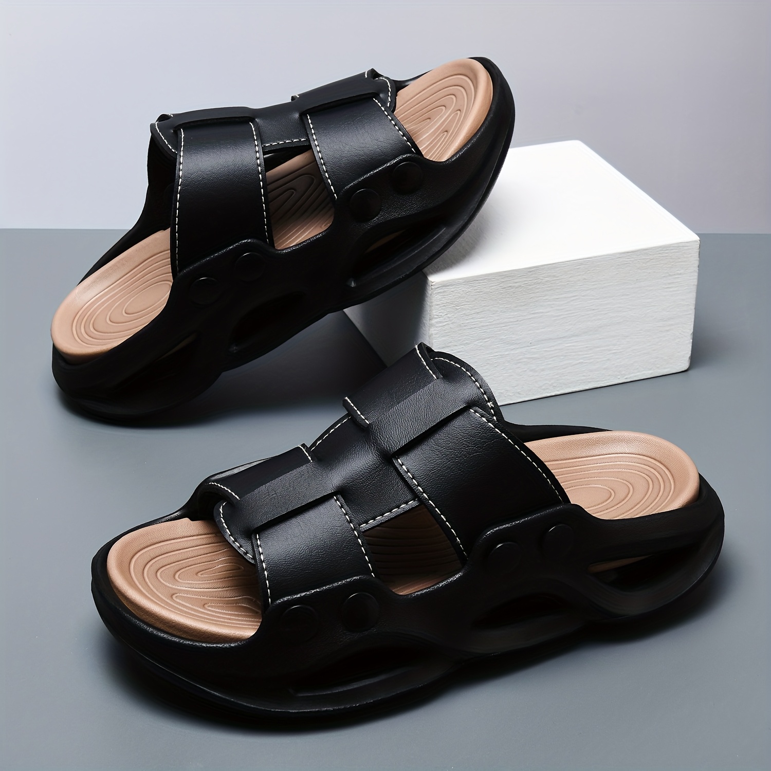mens black eva slide sandals thick sole non slip comfortable summer   for casual outdoor wear summer sandals Product details 0