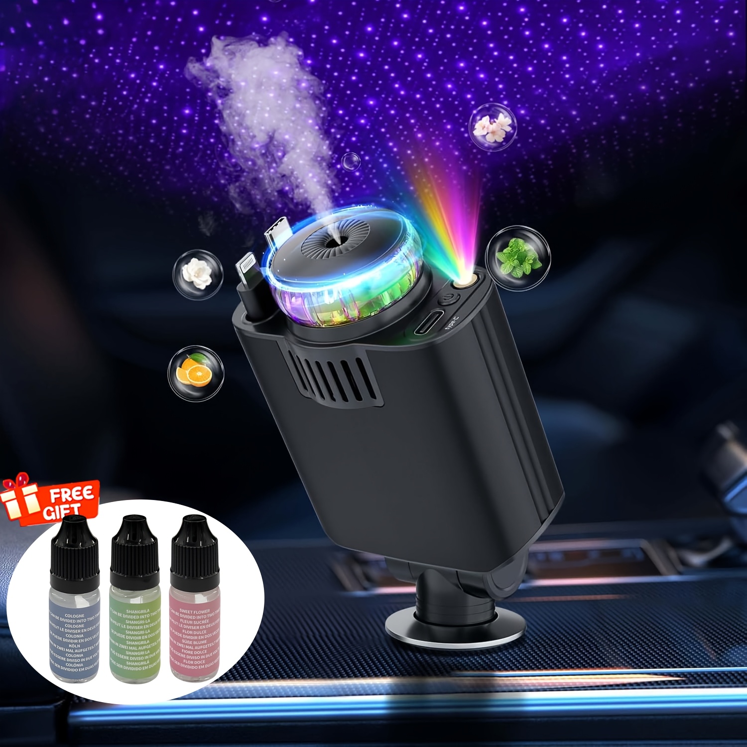 TEMU Chargeur de voiture multifonctionnel pour parfum - Machine à parfum, lumière ciel étoilé violet/rouge, câble rétractable double Lightning+Type C