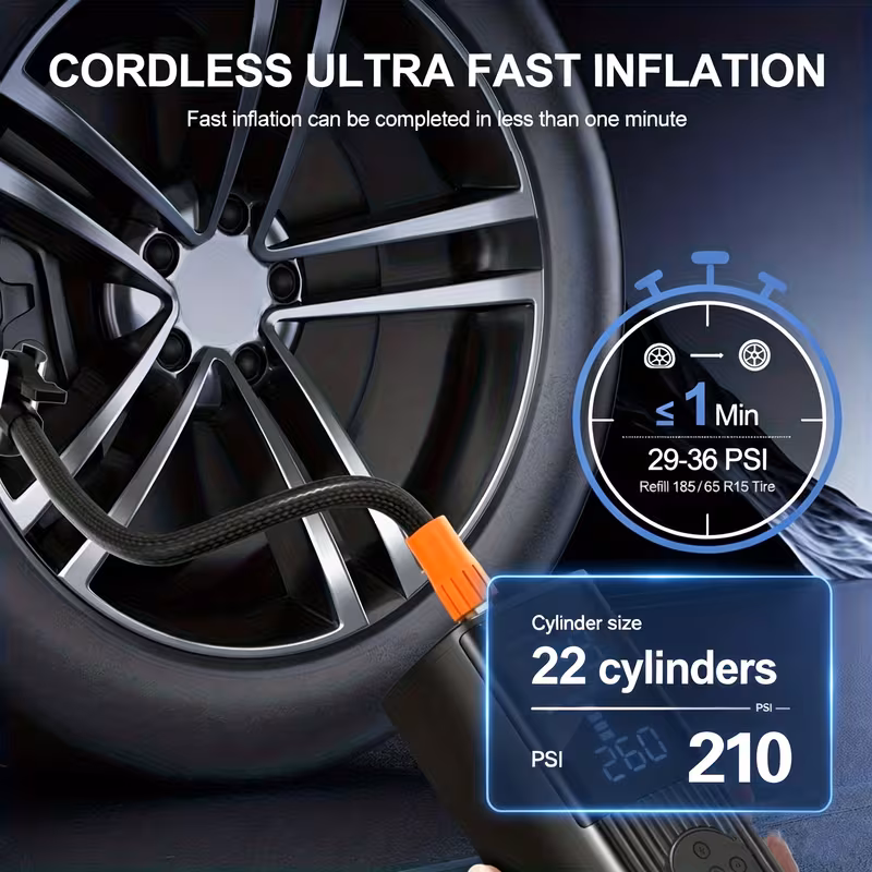 Portable Digital Tire Inflator with LED Light - Cordless Rechargeable Air Pump for Cars, Motorcycles, Bicycles & Balls