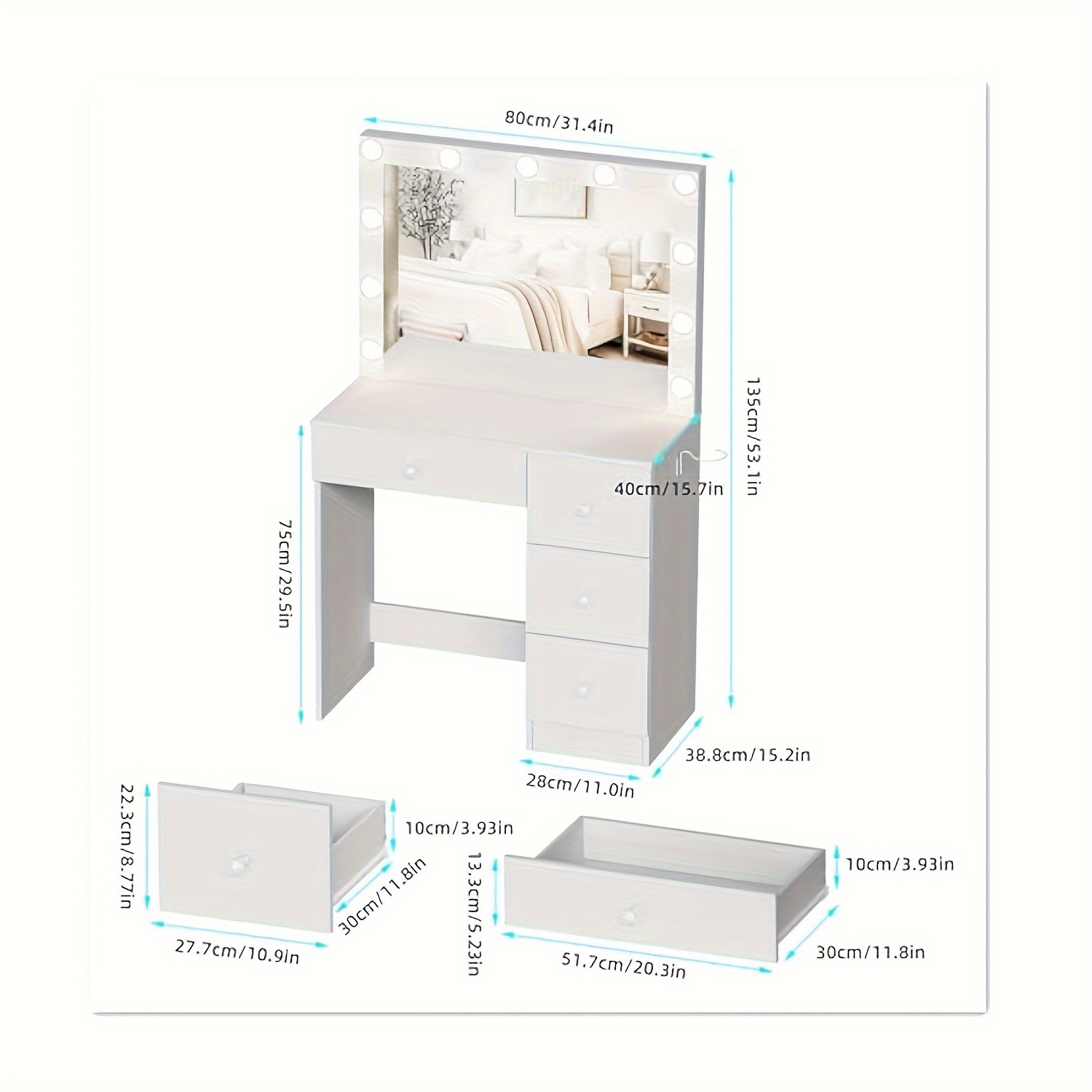 Tavolo Da Toeletta Con Specchio LED E 5 Cassetti - Set Trucco In Legno Con Sedie Per Camera Da Letto - Foto 12