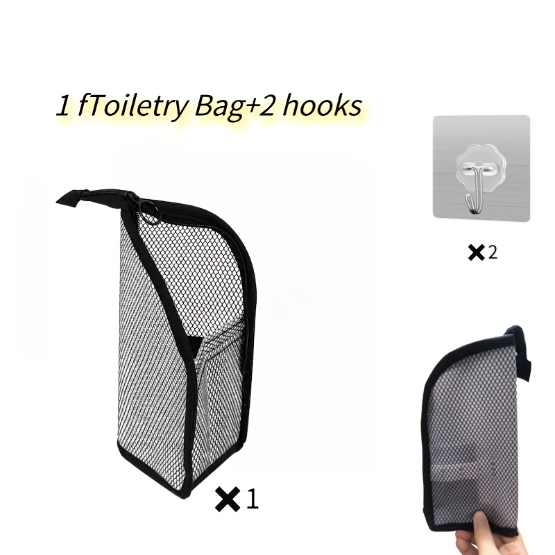 TEMU 3pcs (1pc Toiletry Bag And 2pcs Hooks) Black Travel Toiletry Bag, Stand And Hang Style Makeup Bag, Bathroom Mesh Transparent Zippered Toiletry