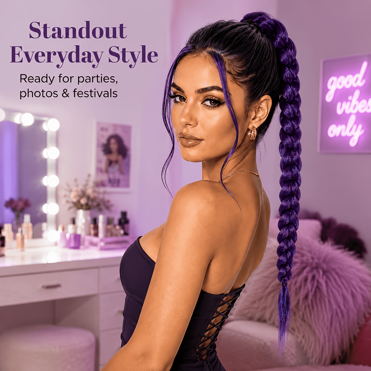 TEMU A Purple Braided Ponytail Hair Extension With Luminous Glitter Threads, Long Thick Pre-braided Elastic Rope Ponytail. Shimmering Chunky Plait