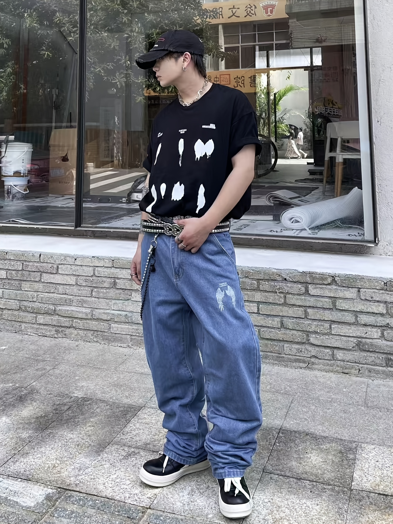 mens streetwear denim loose fit wide leg pants wing Temu United
