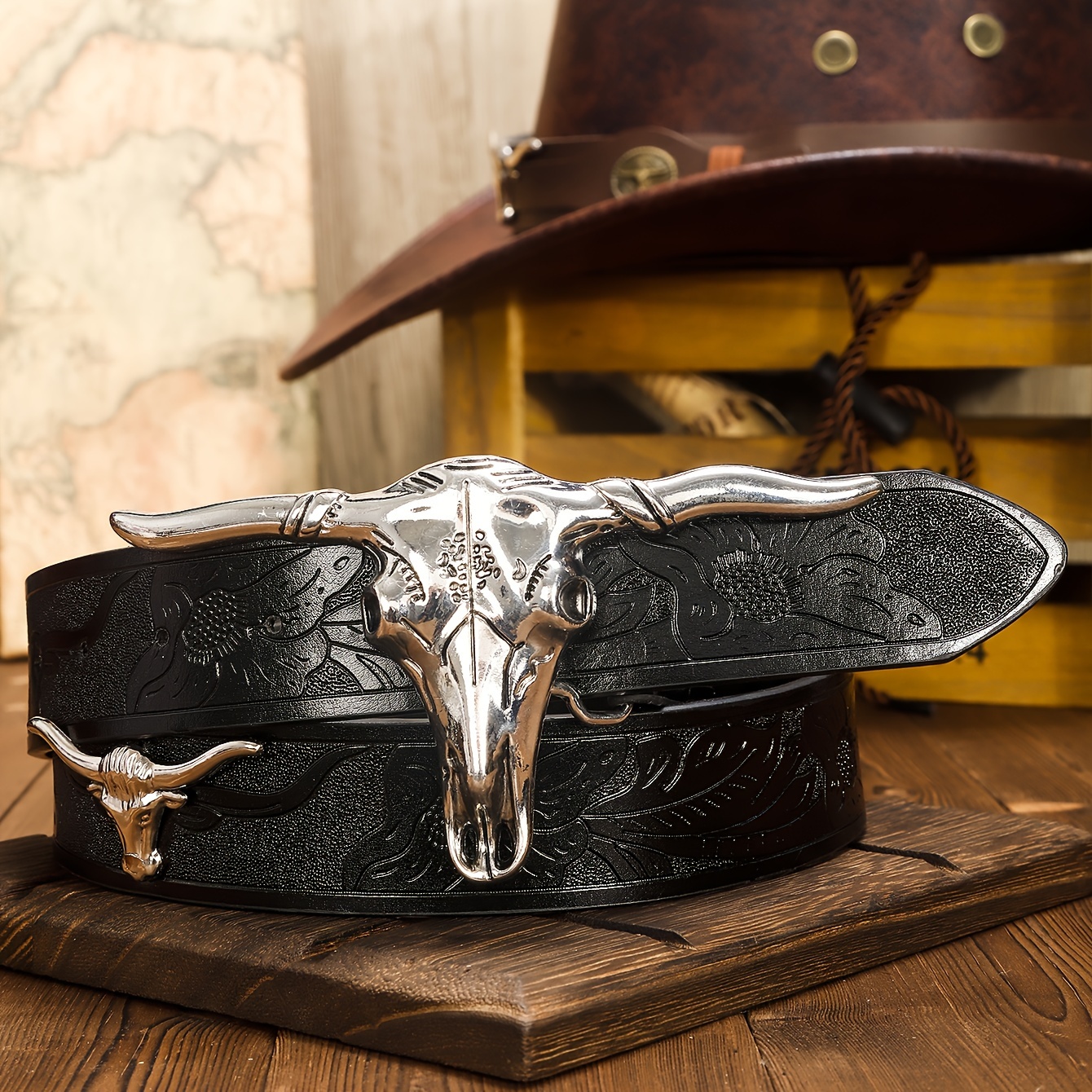 western cowboy faux leather belt black belt long horn bull  display picture 3