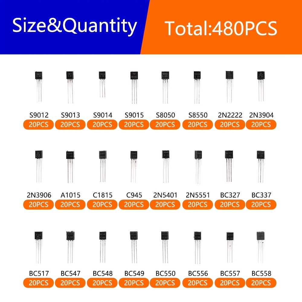 480 шт. транзисторів до -92 діодів pnp npn трубки високої/низької частоти 24 специфікації, по 20 кожного: 2n2222, 3906, 3904, 1015, 1815, s8050, s8550, 2n5551, 2n5401, bc327, bc337, bc517, bc547, bc548, bc549, bc550 Опис товару 0