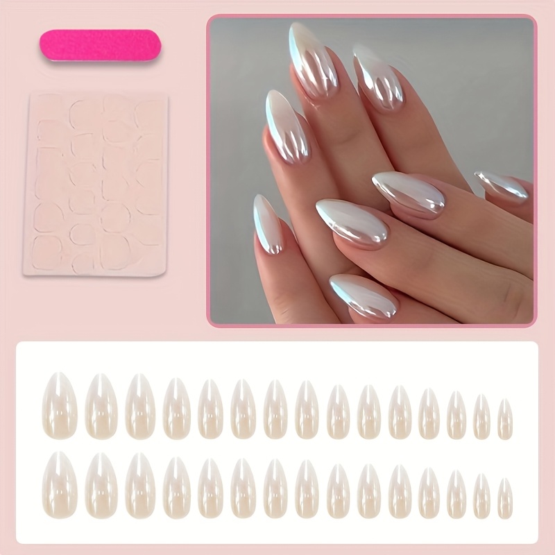 E-shop 30er Set Weiße Ombre Mittellange Press-On Nägel mit -Spitzen, Chrom Design Nagelkunst Aufkleber, Acryl Nägel mit , Vollständige Abdeckung,