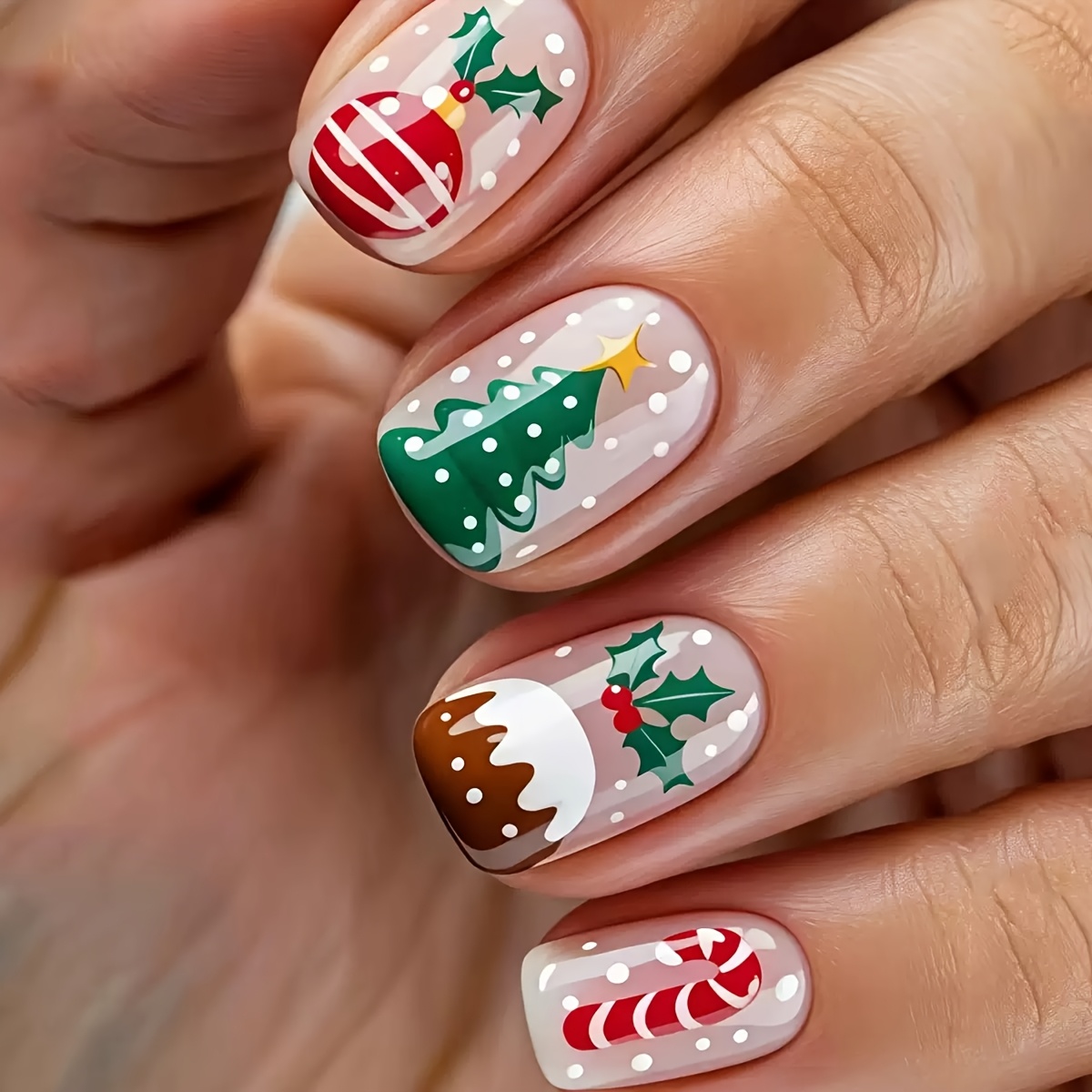 TEMU 24pcs Short Square Press-on Nails Suitable For Travel & Christmas Parties - Glossy False Nail Tips With Reusable Tree Patterns, Easy Application
