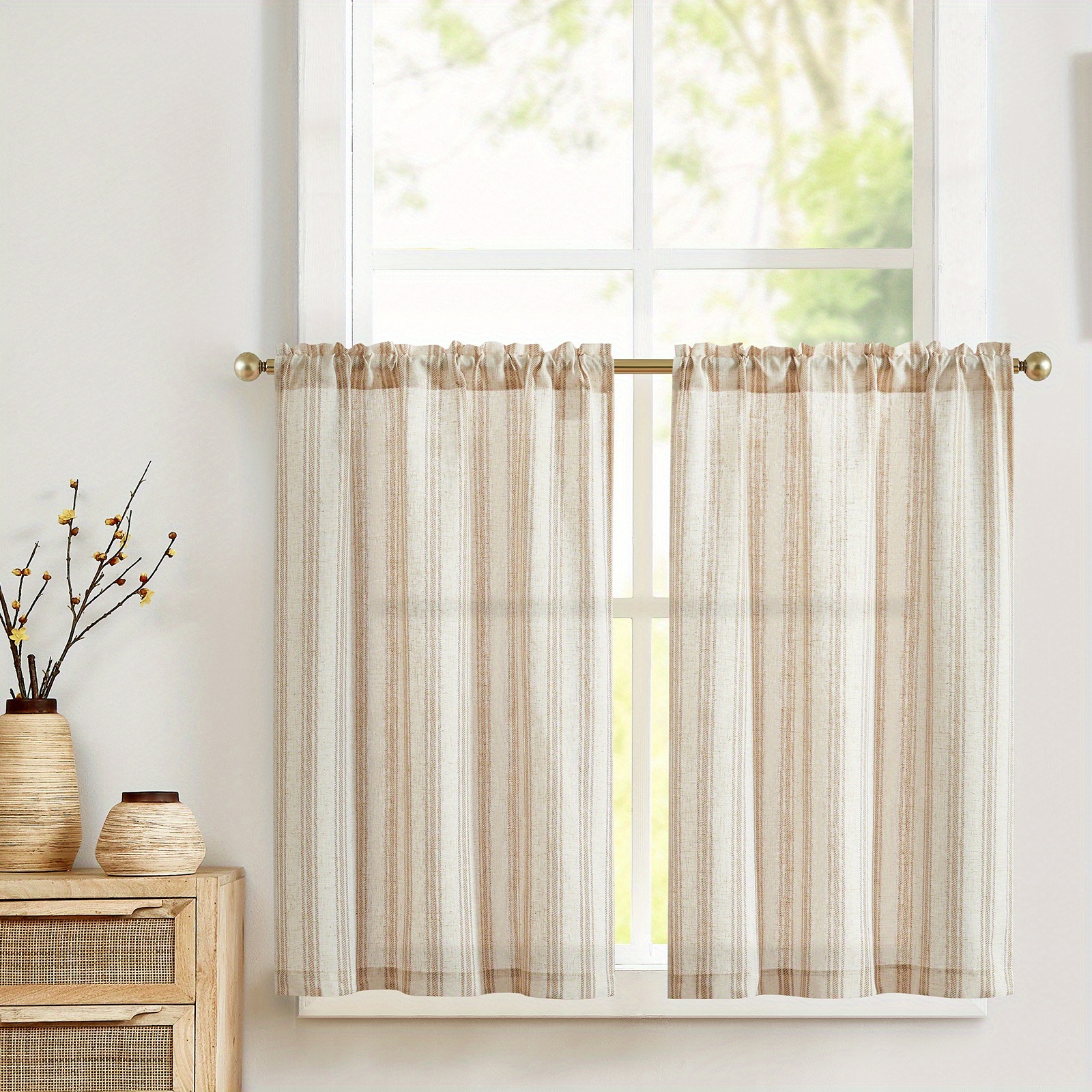 TEMU 2 Panels Linen Kitchen Curtains Striped Tier Curtains Cafe Curtains Farmhouse Small Curtains Stripe Curtains For Kitchen Bathroom Laundry