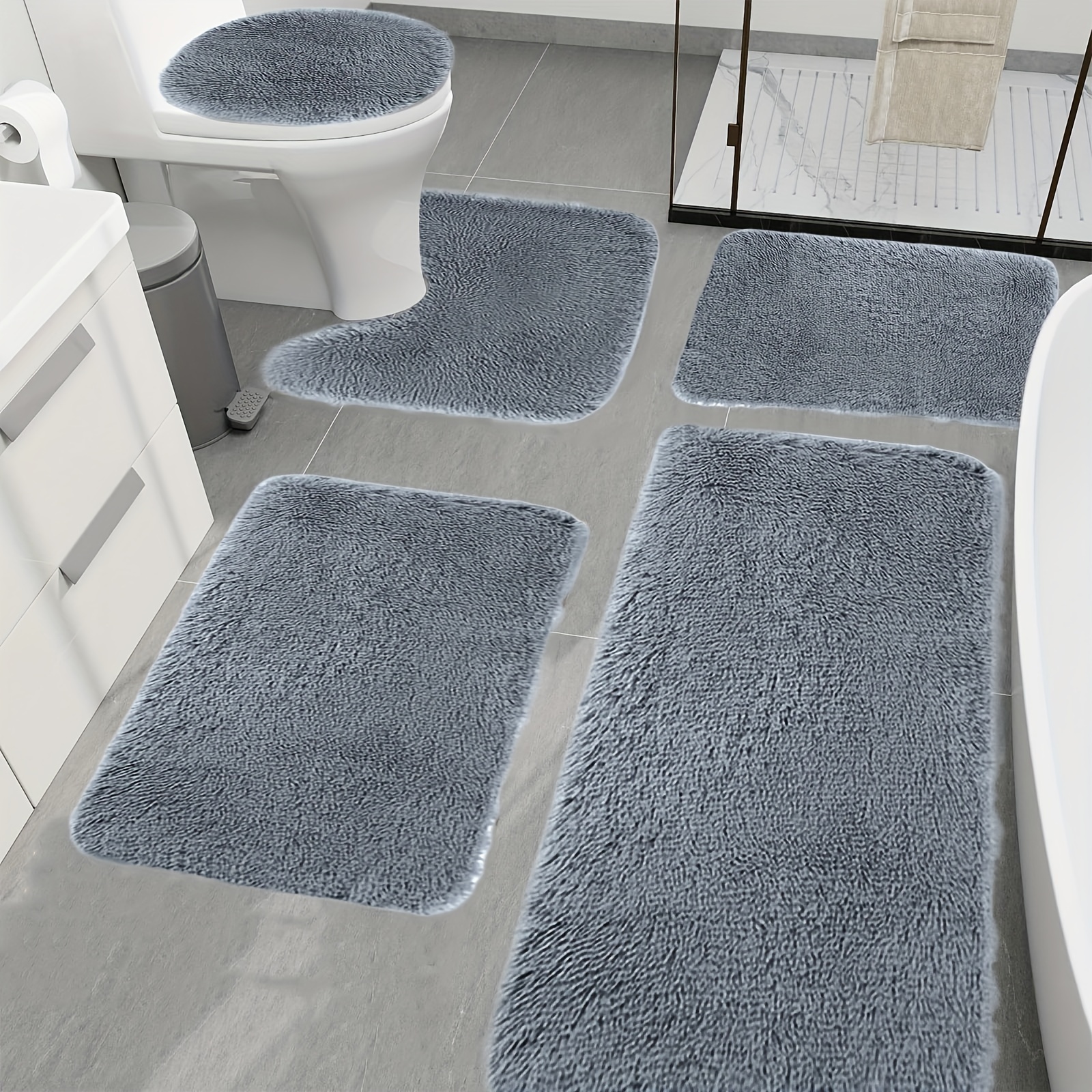 TEMU 5pcs Velvet Solid Mat Sets Bath Mat Set Of 5 Bathroom Rugs Sets 5pcs For Toilet Mats Universal Soft Water Absorption Non-slip Thick Machine Washable Easy To Dry Bath Mats For Bathroom