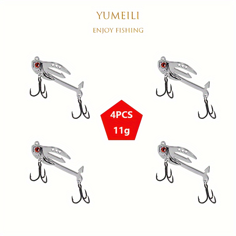 TEMU 4pcs Lure Hard Bait Three-hole Vib With Simulated Fish Eye Metal Vib Fishing Lure That Inserted With Soft Bait