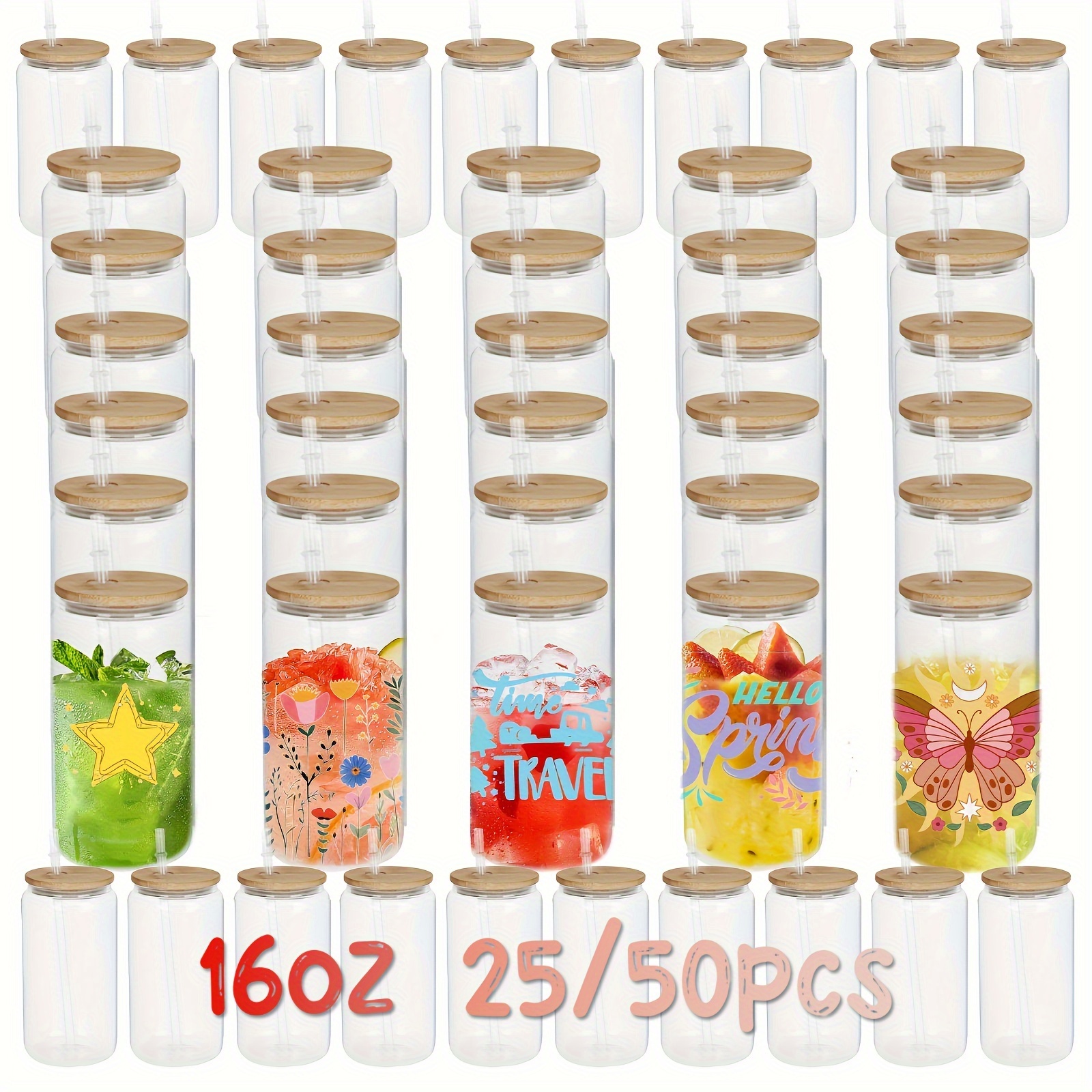 

25/50pcs Drinking Glasses With Bamboo Lids And Straw, 16 Oz Clear And Frosted Can Shaped Sublimation Blanks Tumblers, Juice Glasses, Iced Coffee Glasses, Valentine's Day Gift