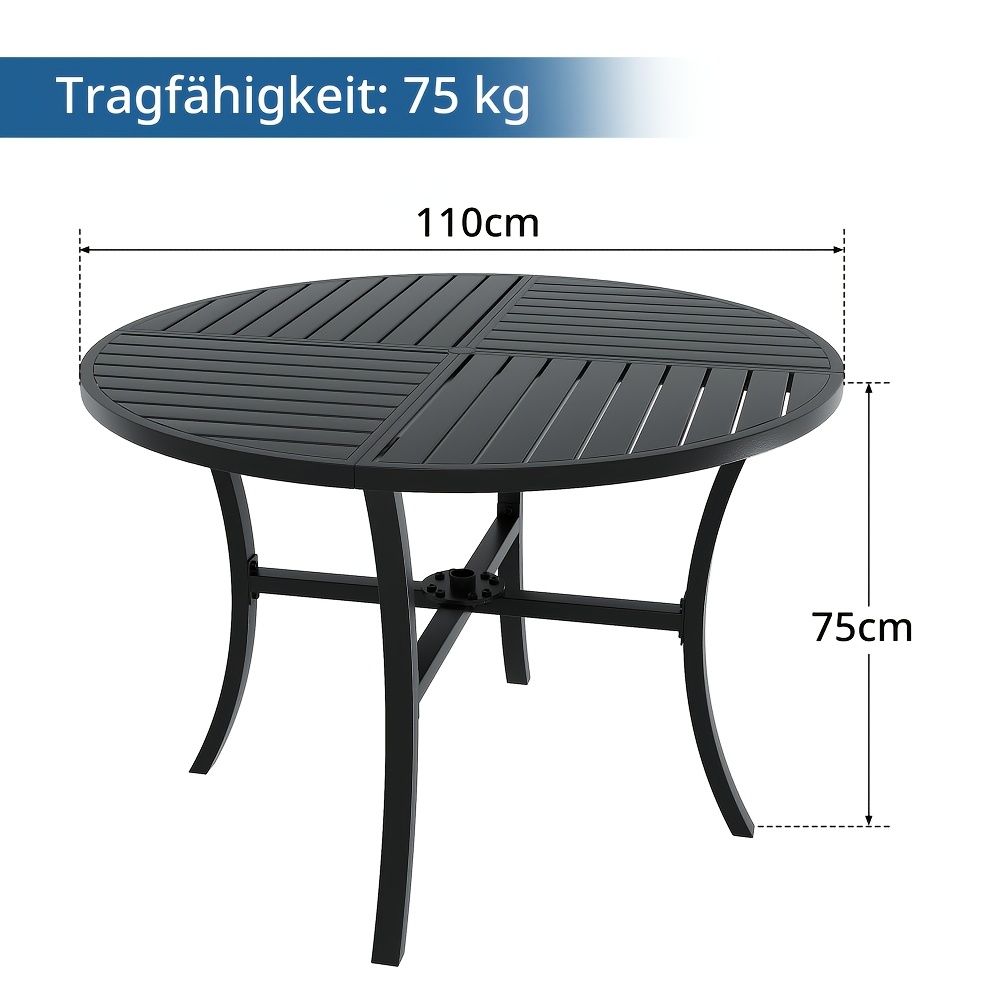 Round Garden Table With Cylindrical Umbrella Hole, Diameter 110cm, Garden Table, Dining -, Party Table, Balcony Table, Metal Frame, Black