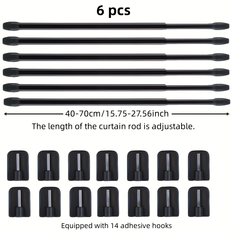 6pcs (40-70cm)extendable Metal Curtain Rod No Drilling Adjustable Curtain Rod No Drilling For Home And Adhesive Curtain Hooks, White & Black