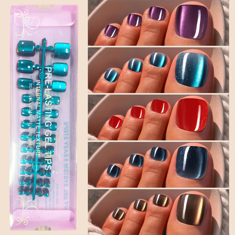 TEMU 120pcs Short Square Cat Eye Press-on Toe Nails, Red, Purple, , Light Blue, Colors Glossy Cat Eye, 12 Sizes Options, Minimalist Style Cat Eye,