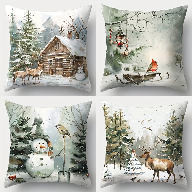 TEMU Set Of 4 Christmas Throw Pillow Covers, Contemporary Style, Snow Scene And Holiday Animal Print, Hand Washable, Zippered Polyester Cases For