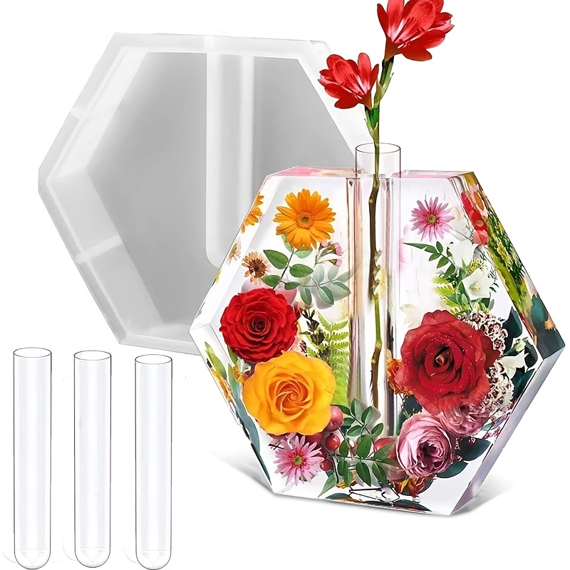TEMU Large Hexagon Silicone Molds For Resin, Glossy Deep Epoxy Resin Molds 7.5" W/3 Test Tubes, 3d Large Resin Molds For Flower Preservation, Resin