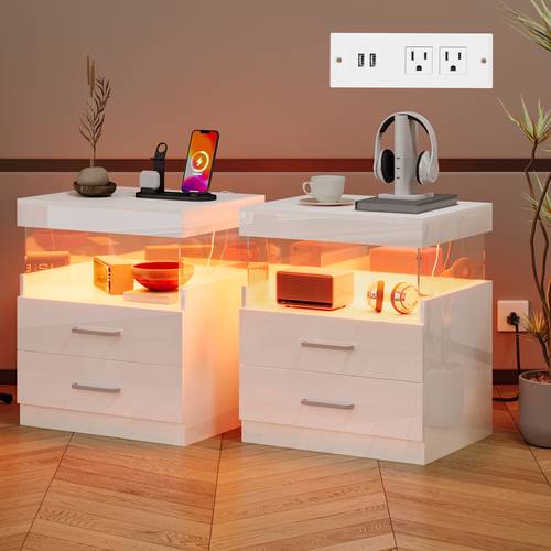 led nightstand with charging station modern night stand set of 2 with usb ports and outlets high gloss nightstands with adjustable led lights 2 storage drawers wood end table for living room bedroom white black 1pc or 2pcs