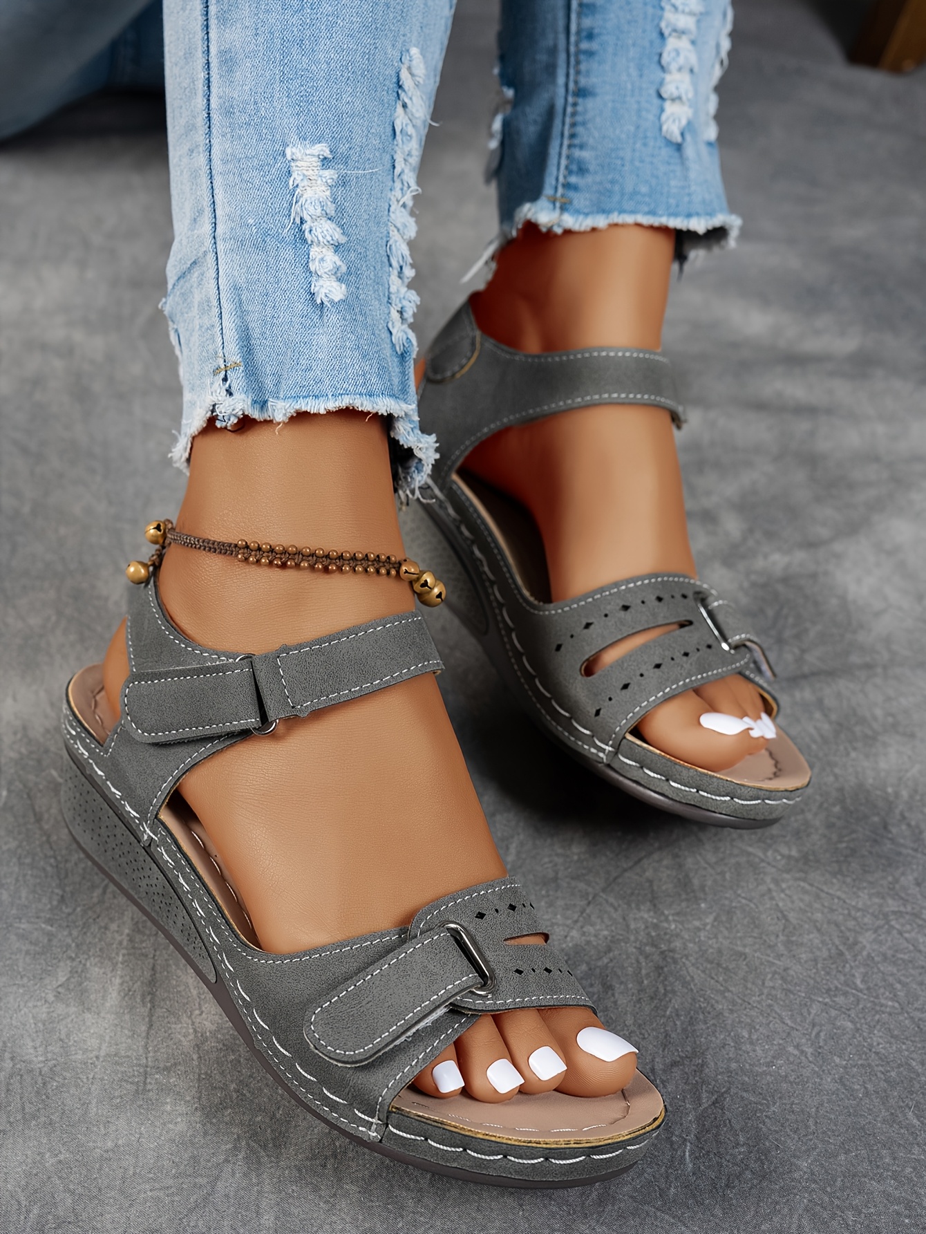   womens beige wedge sandals comfortable open toe platform shoes with adjustable ankle strap perforated design for   casual summer fashion strappy sandals Product details 30