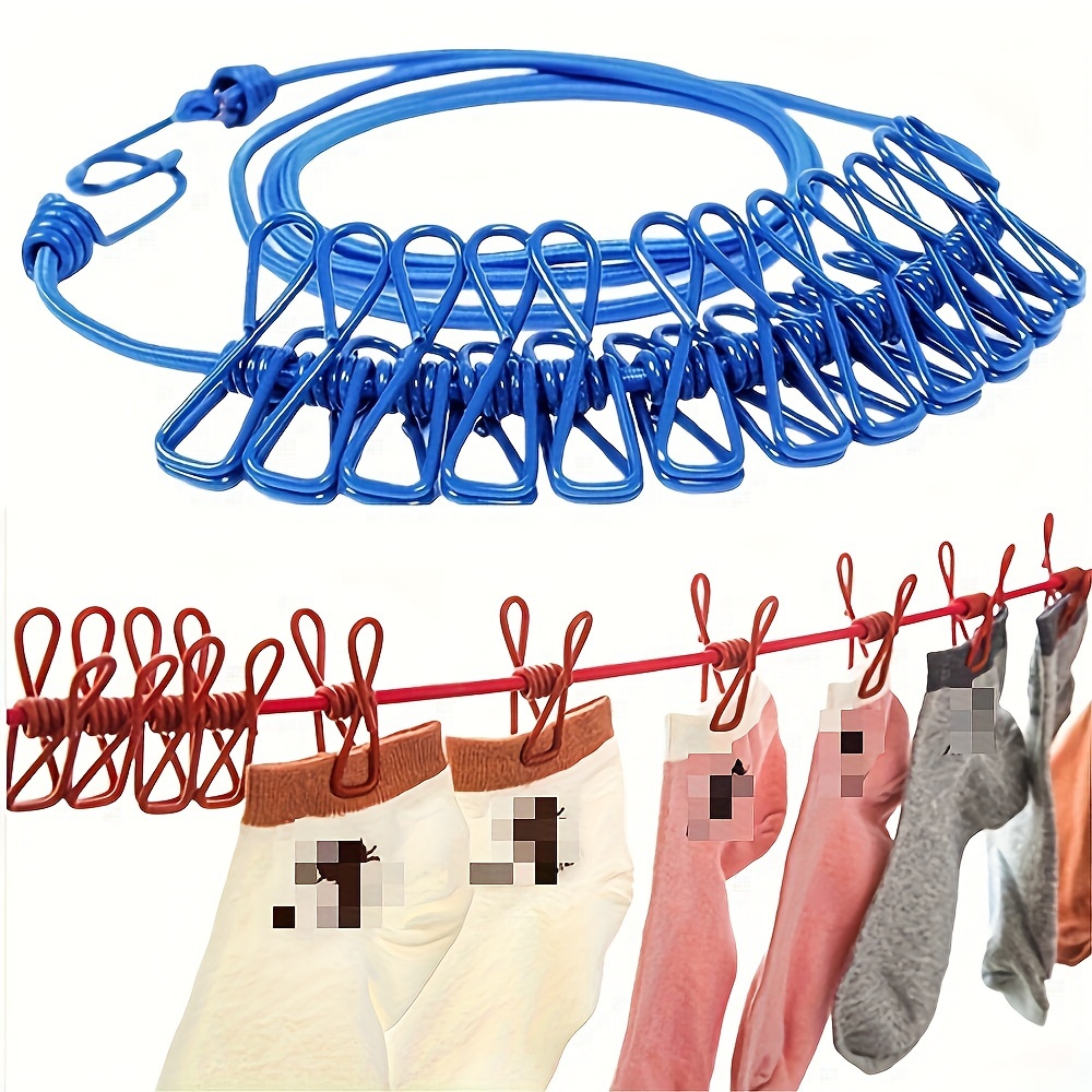 1pc travel outdoor retractable clothesline with 12 clips portable windproof laundry drying rope metal for camping home use details 3