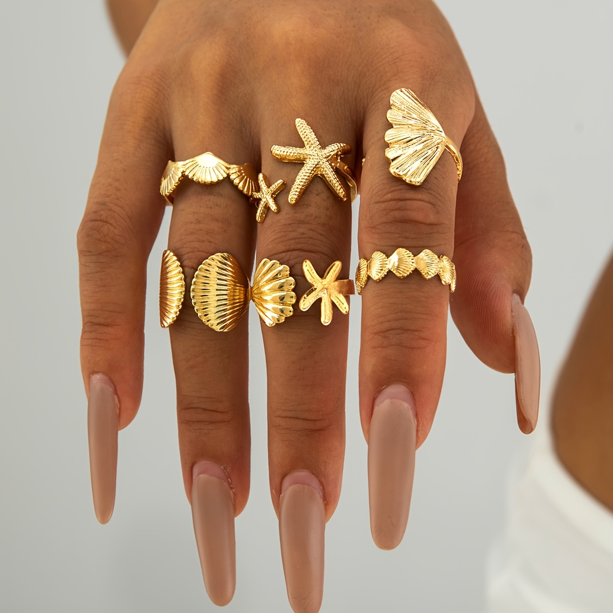 Image of 6pcs Set Of Fashion Bohemian Starfish Scallop Open-style Women's Stackable Ring Joint Ring Set Suitable For Beach Vacation Party Gathering