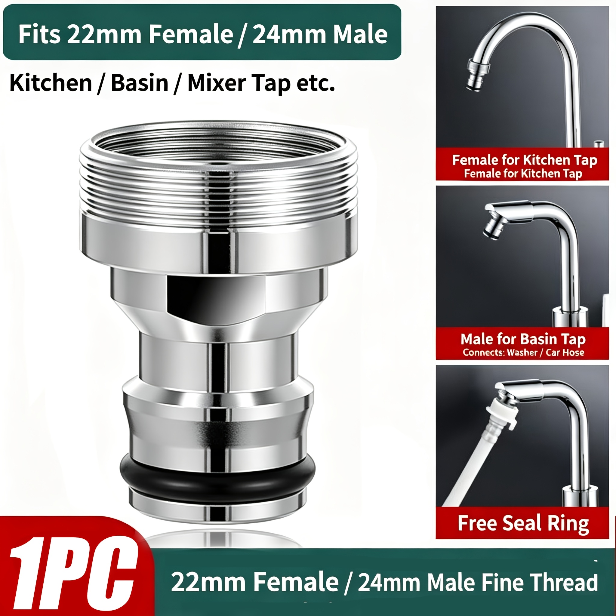 TEMU Adaptador de de de paso fino con de 22 mm/ externa de 24 mm, conector rápido para grifo cromado, accesorio para grifo mezclador de fregadero de