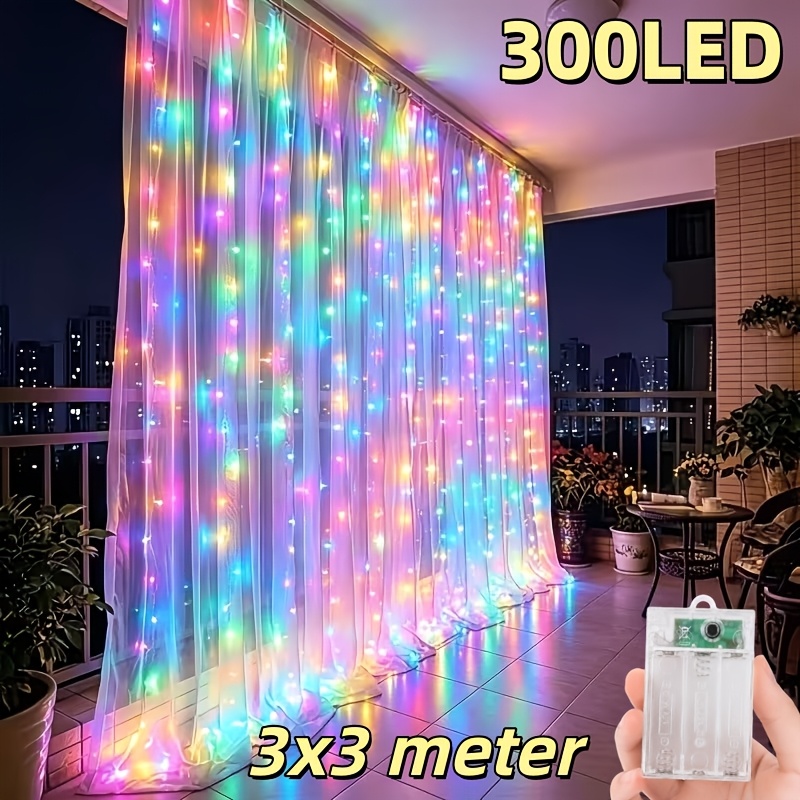 TEMU Guirlande Lumineuse Rideau 3x3m 300 LED, Guirlande Lumineuse Suspendue Multicolore, 8 Modes Réglables, Alimentée par Piles AA, Convient pour les
