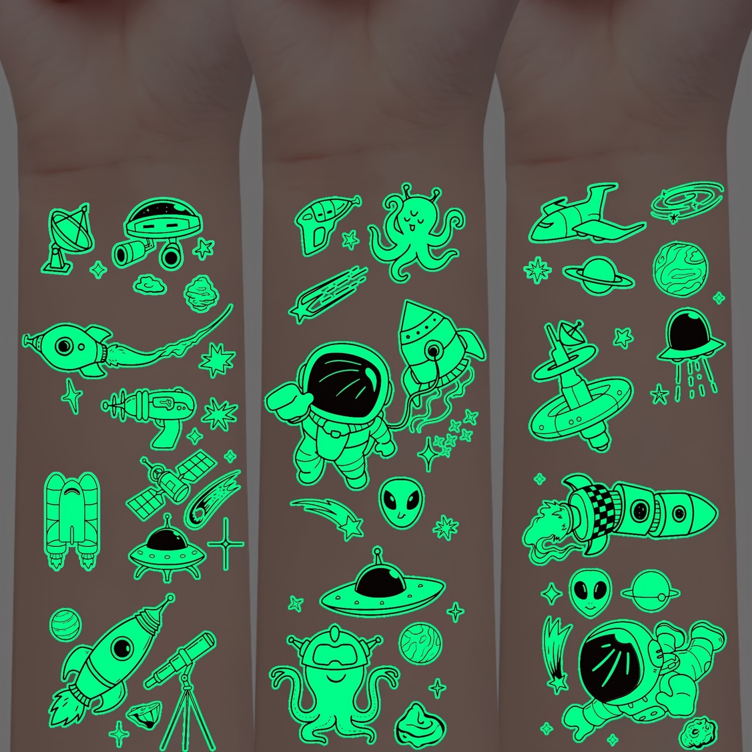 

10-piece Glow-in-the-dark Space Temporary Tattoos - 300+ Spaceship, Planet, Rocket, Alien & Astronaut Designs | Waterproof & Luminous For Face, Body, Arms, Neck | Artistic Fake Tattoo Stickers