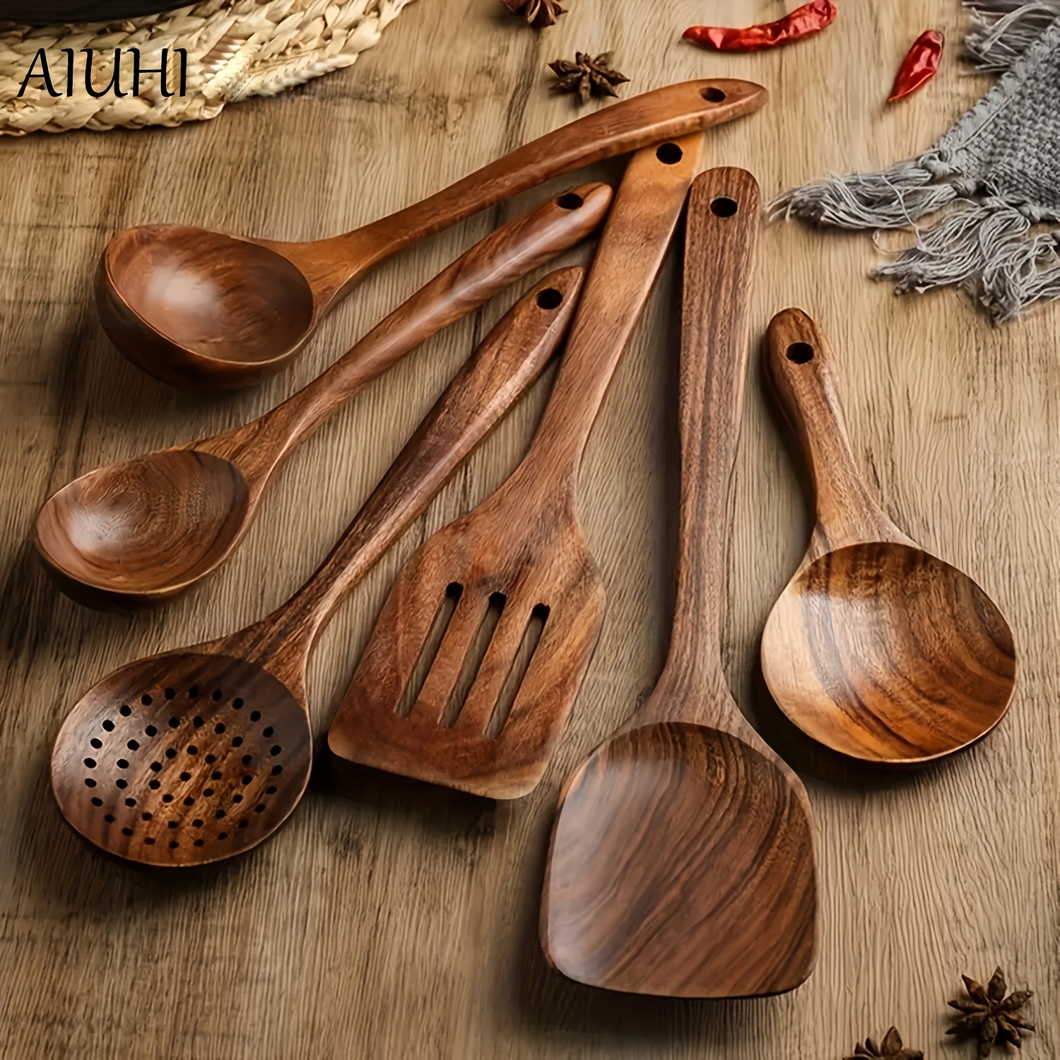 

Set Of 6 Wooden Utensils, Cooking Spoons, Sturdy And Elegant Kitchen Tools For Preparation And Serving