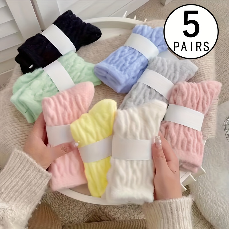 

5 Pairs Solid Twist Pattern Socks, Sweet & Warm Floor Mid Tube Socks For Fall & Winter, Women's Stockings & Hosiery