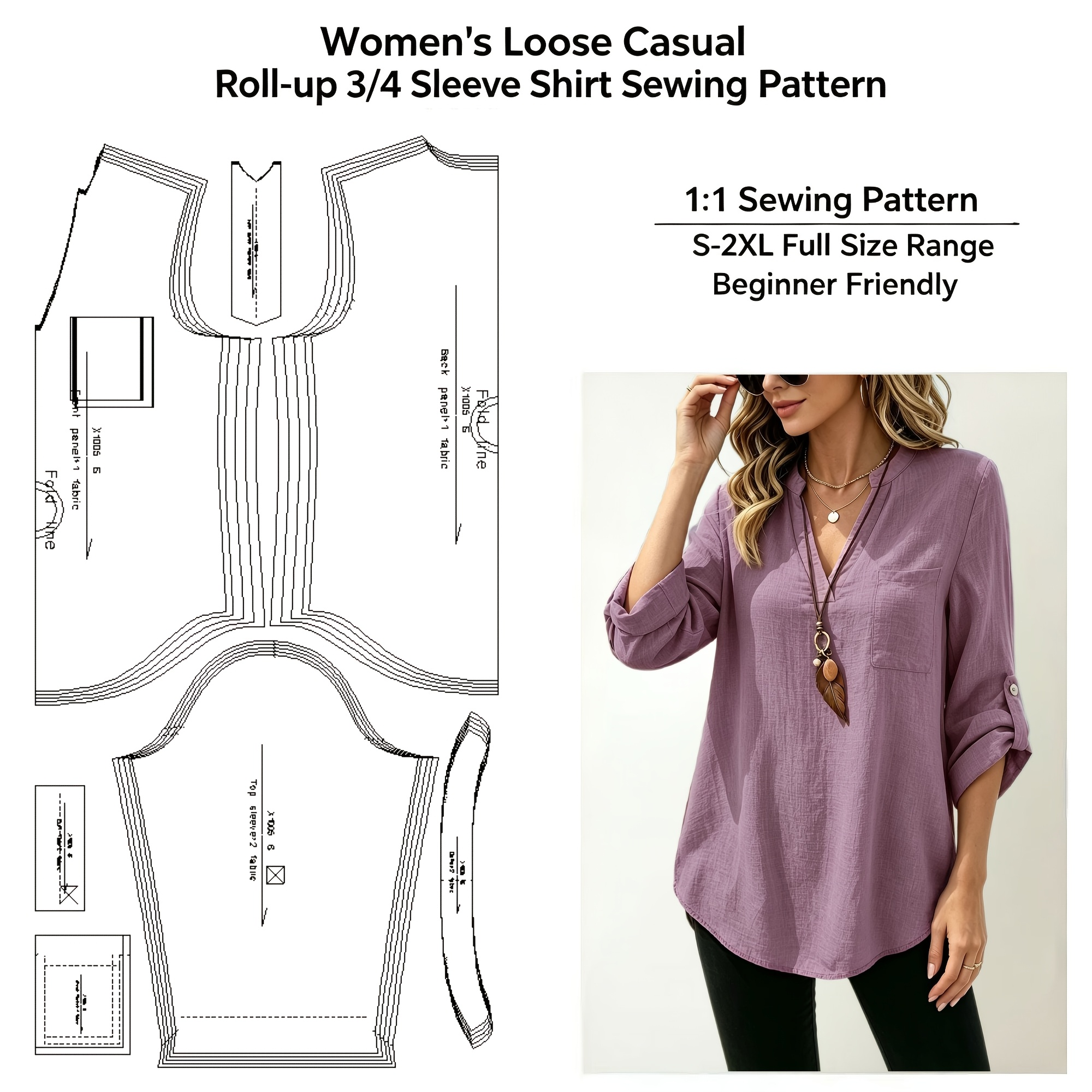 TEMU Women's Loose Casual Roll-up 3/4 Sleeve Shirt Sewing Pattern (pattern , Not Clothing), Multiple Sizes (xs-2xl), Beginner Sewing Top For Women,