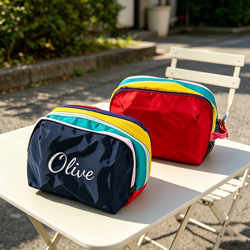 TEMU Large Capacity Embroidered Dopamine Handbag - Custom Embroidery Suitable For Travel, Multi-pocket Organizer With Zipper Closure, Portable Makeup