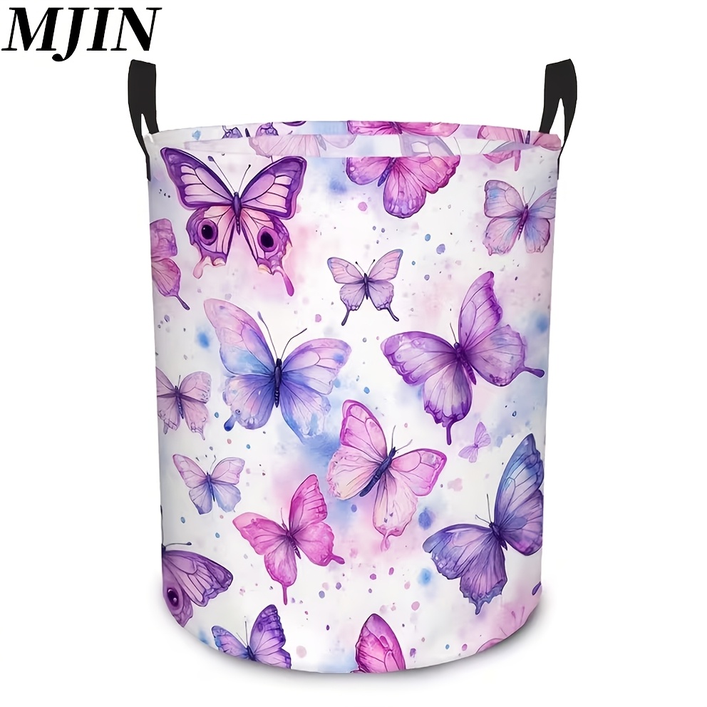 TEMU 1 panier de rangement rond et pliable pour chambre | Panier à linge papillon aquarelle violet, idéal pour le rangement de garde-robe et de salle