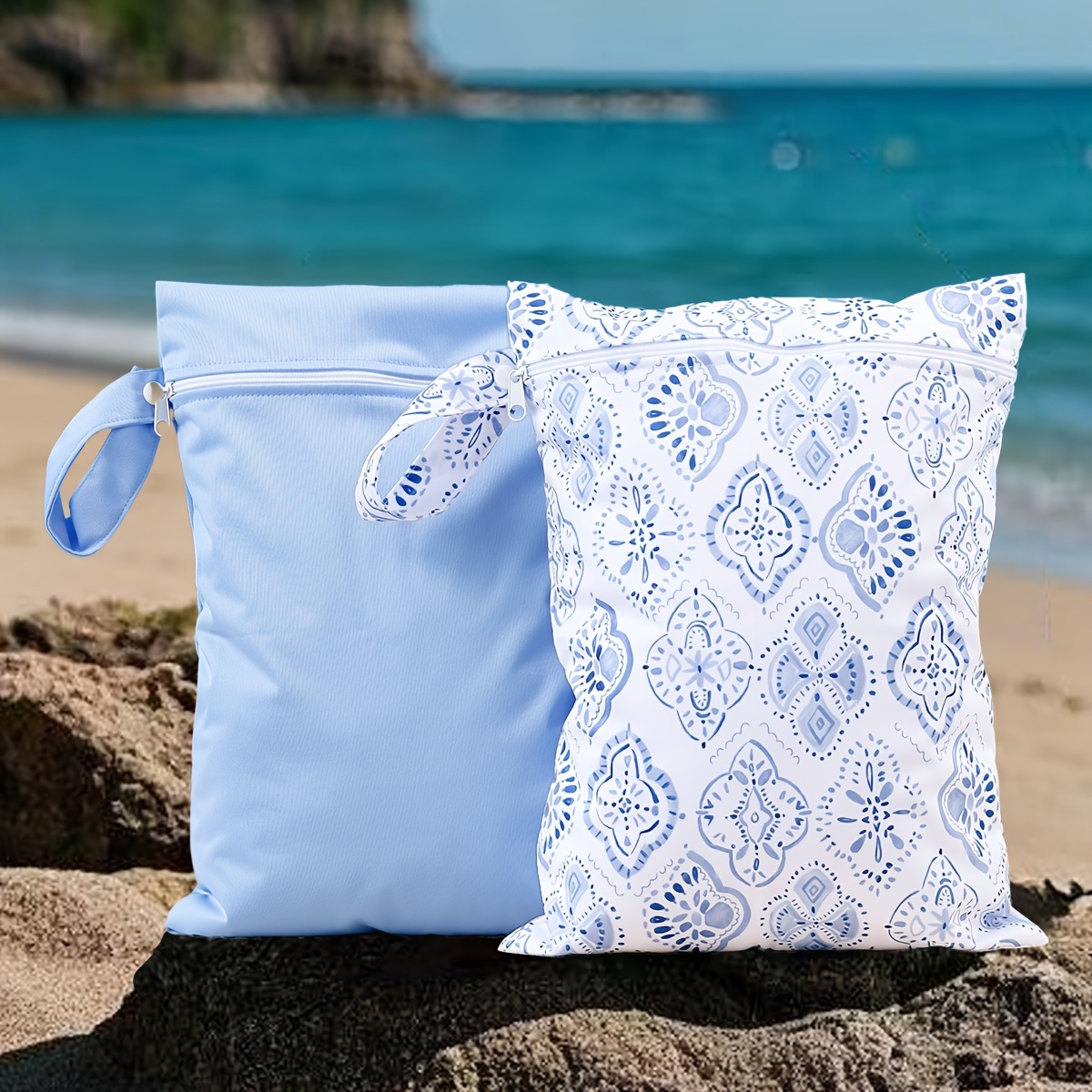 Image of 2 Multi-functional Lightweight Wet/dry Bags With Zipper Design - Outdoor Water Sports Essentials, Water Storage Bag, Suitable For Swimsuits, Bath Towels, Travel Storage Bag Bag With Green Leaf Pattern