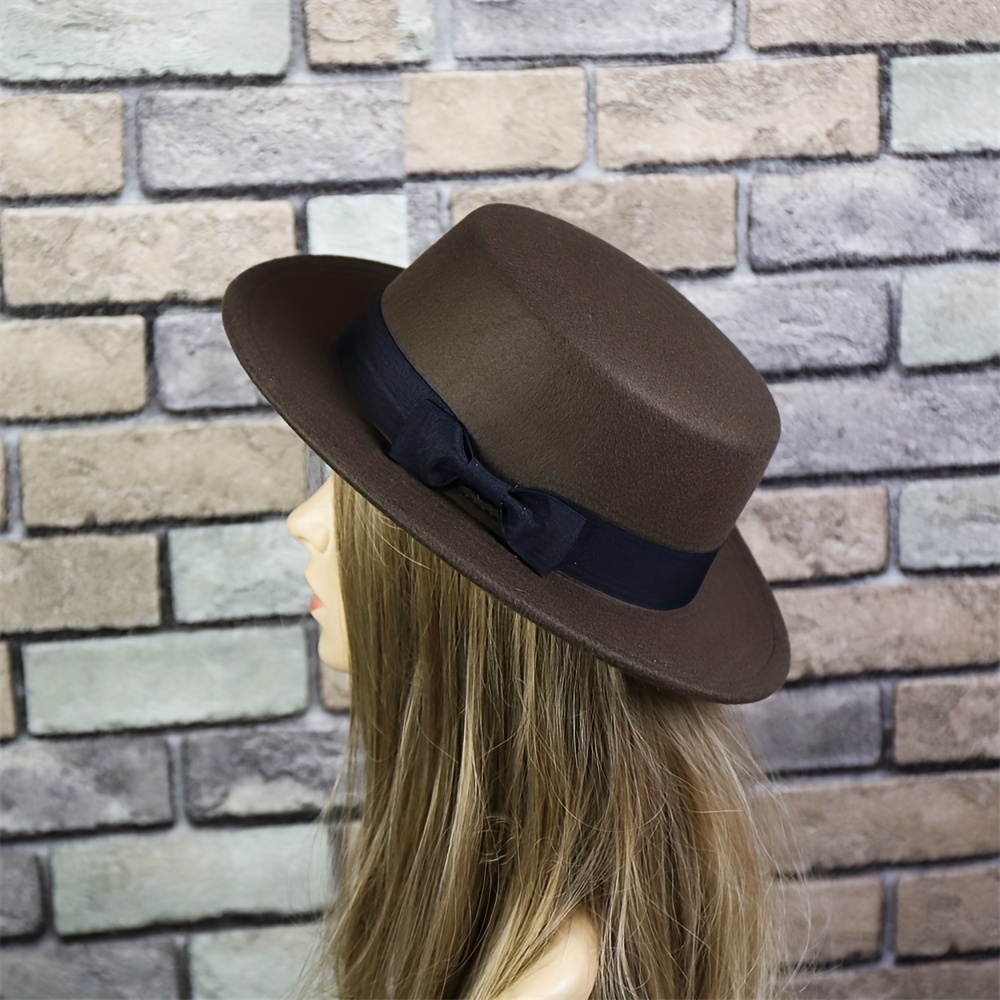 Vintage Elegant Tan Hat with Dark Gray Bow and gray trim Flat Brim Derby Hat - Etsy main image 3