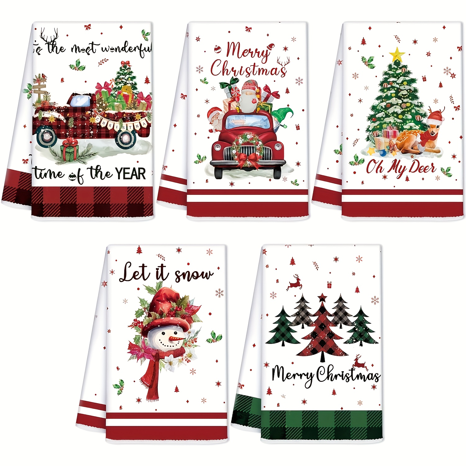 Image of 5pcs Holiday Christmas Towel Set - Absorbent Microfiber With Snowflake And Heart Designs - Perfect For Kitchen Holiday Decor, Christmas Decorations, And Festive Ornaments