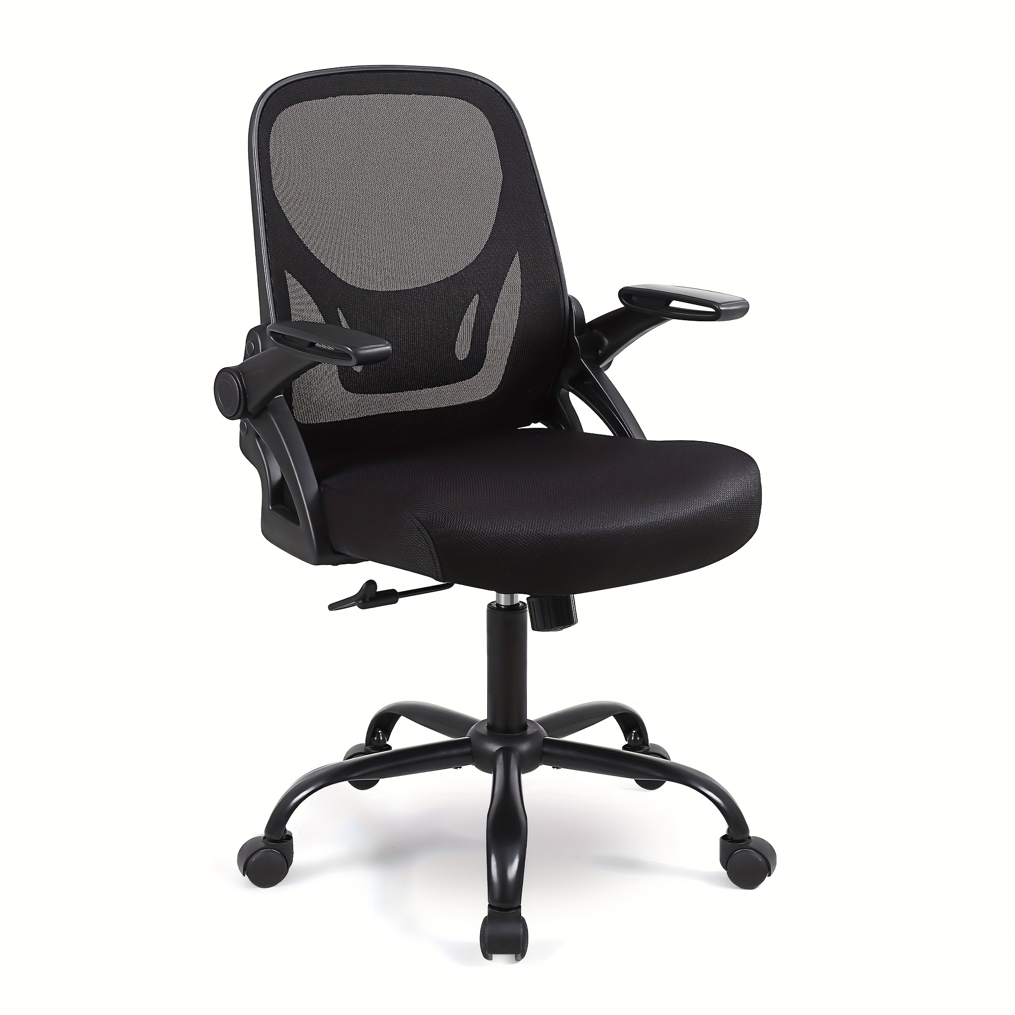 Ergonomski črn pisarniški stol z mrežasto oporo za hrbet in nastavljivimi naslonjali za , nastavljivo višino, zlatim kovinskim okvirjem in