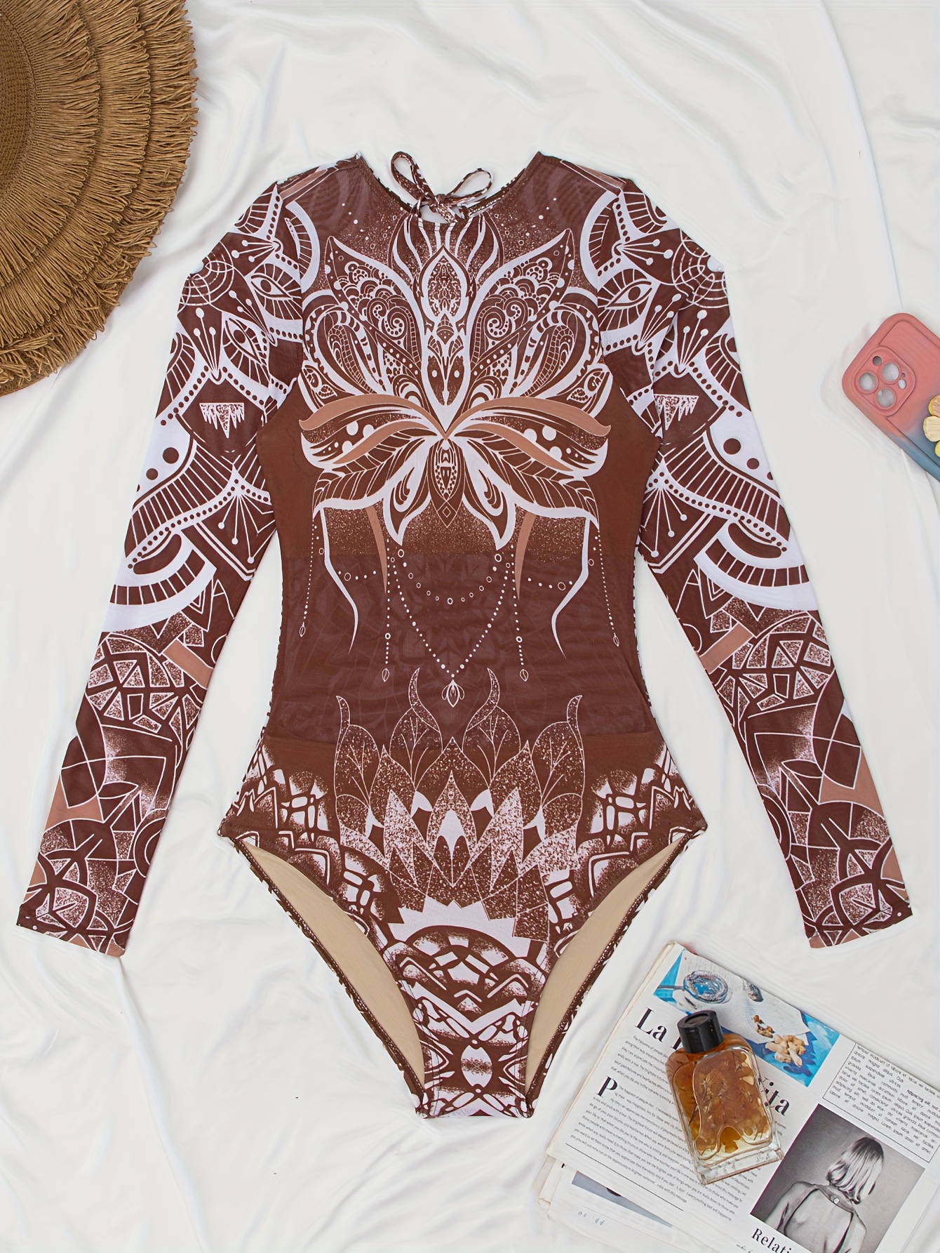 hollow breathable fashion printed   swimsuit maroon 0